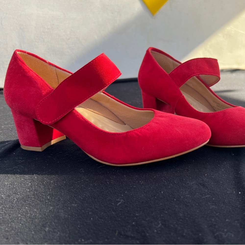 Red Walking Cradle Suede Heels